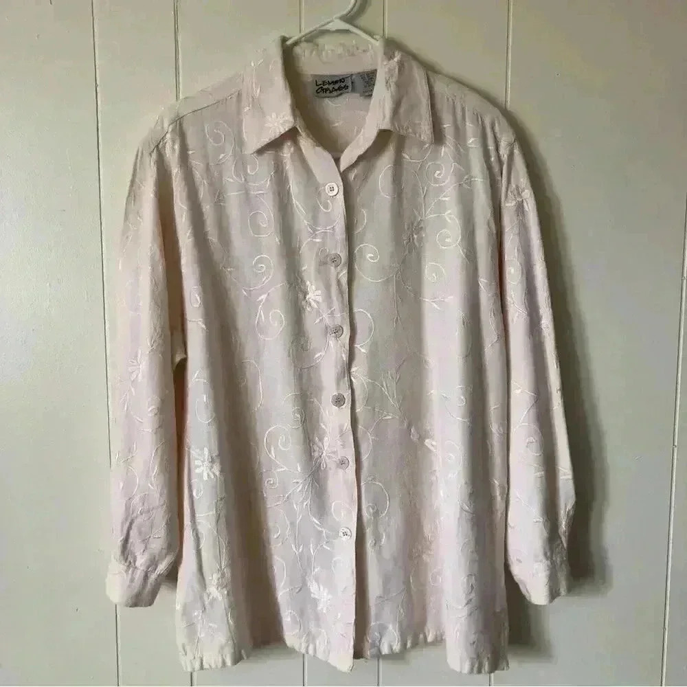Lemon Grass Vintage Button Down Embroidered Cotton/Linen Blend Shirt Blouse L